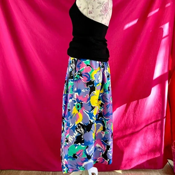 Vintage 80s 90s Floral Pleated Midi Long Skirt Lavender Pink Teal Cotton Size 14 - Picture 6 of 17